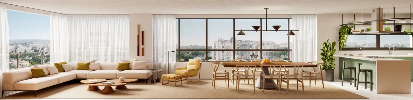 Sala de estar, jantar e cozinha integradas